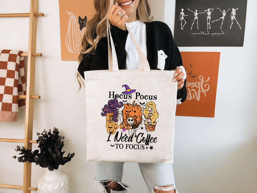 Hocus Pocus I Need Coffee to Focus Halloween 100% Cotton Canvas Tote Bag