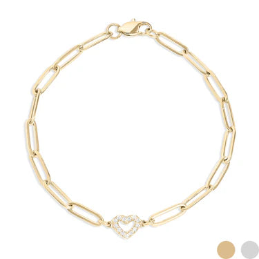 18K Gold Stainless Steel Stone Heart Paperclip Chain Bracelet